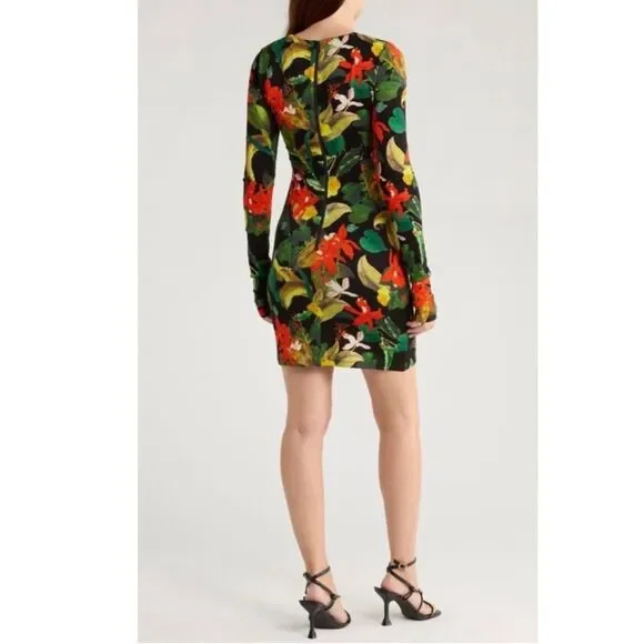 Alice + Olivia Delora Dress 8 Tropical Floral Print Bodycon Mini Long Sleeve NWT